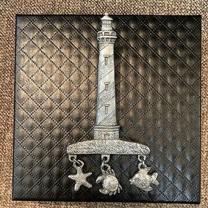 Pewter lighthouse brooch 3" fish crab starfish dangles